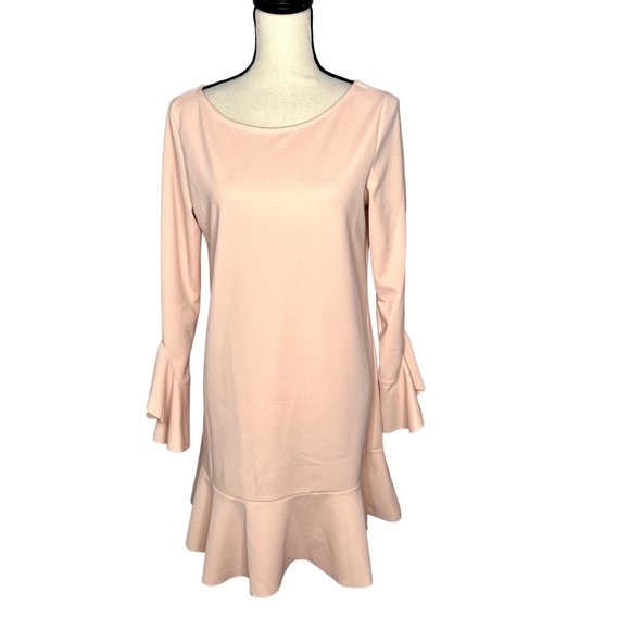 The Vanity Room Pink Long Bell Sleeve Wide Neck Drop Waist Ruffle Dress Size M - Picture 1 of 7